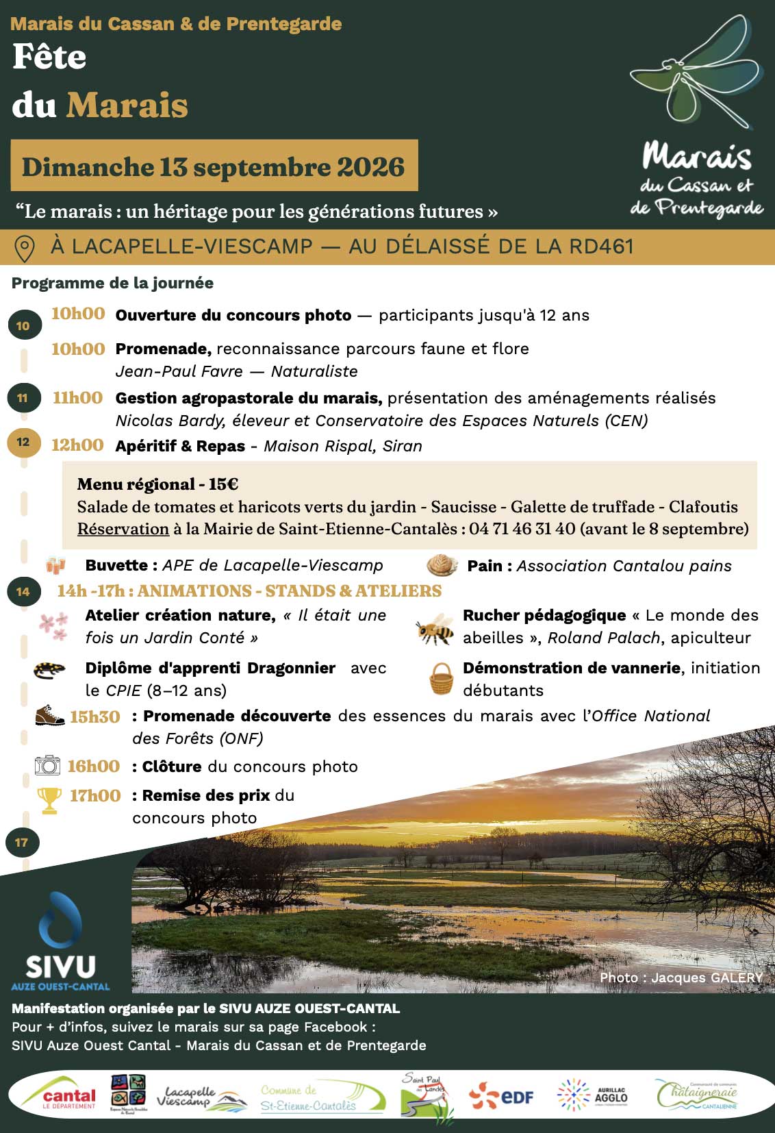 Programme de la Fête du Marais du Cassan et de Prentegarde, le dimanche 13 septembre 2026.