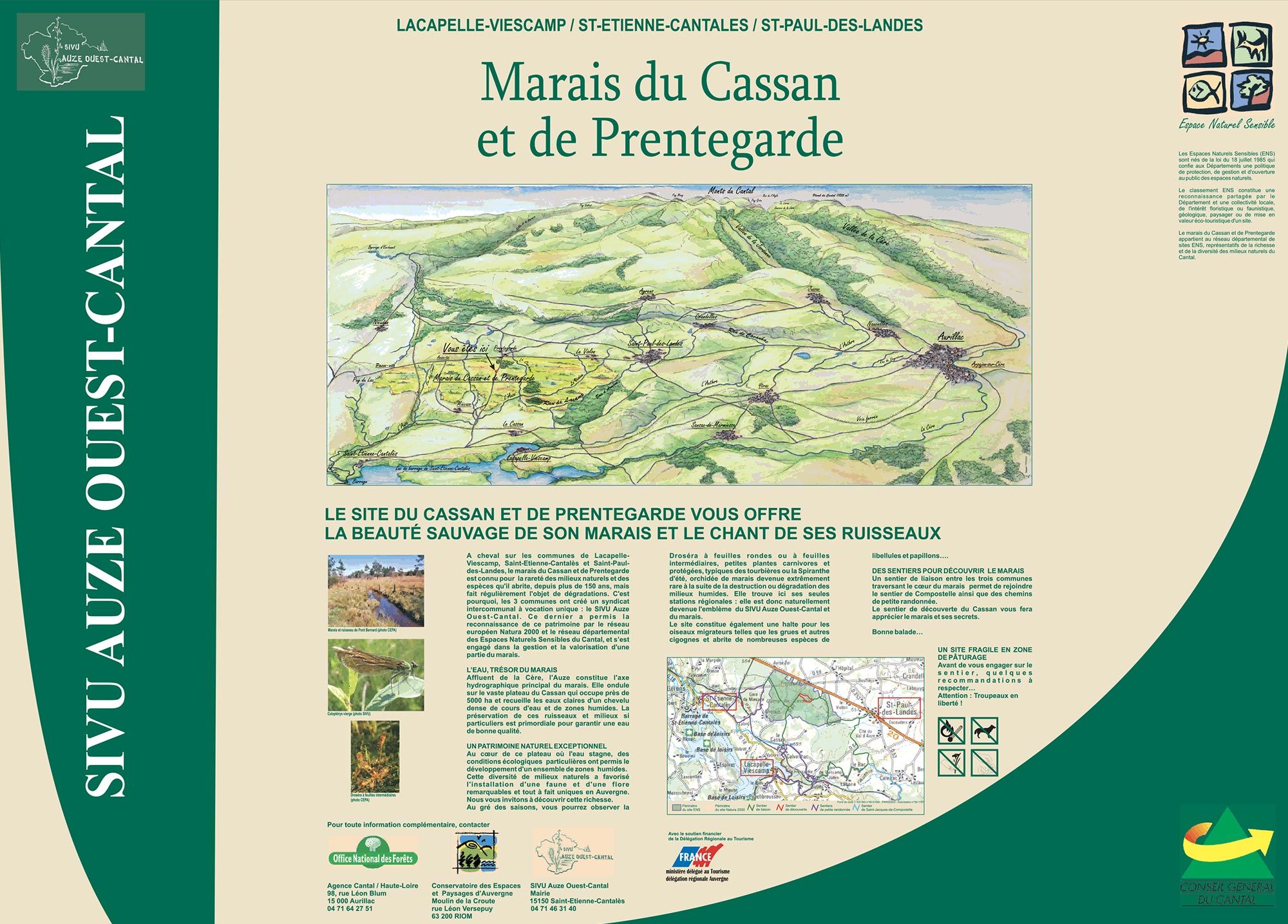 Panneau du site du Marais du Cassan et de Prentegarde, zone humide protégée située dans le Cantal, en Auvergne.