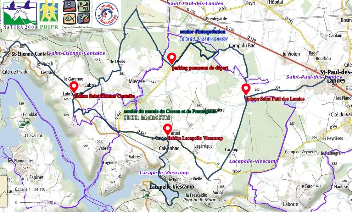 Carte des points de départs et de liaisons des parcours de randonnées qui traversent le Marais du Cassan et de Prentegarde dans le Cantal.